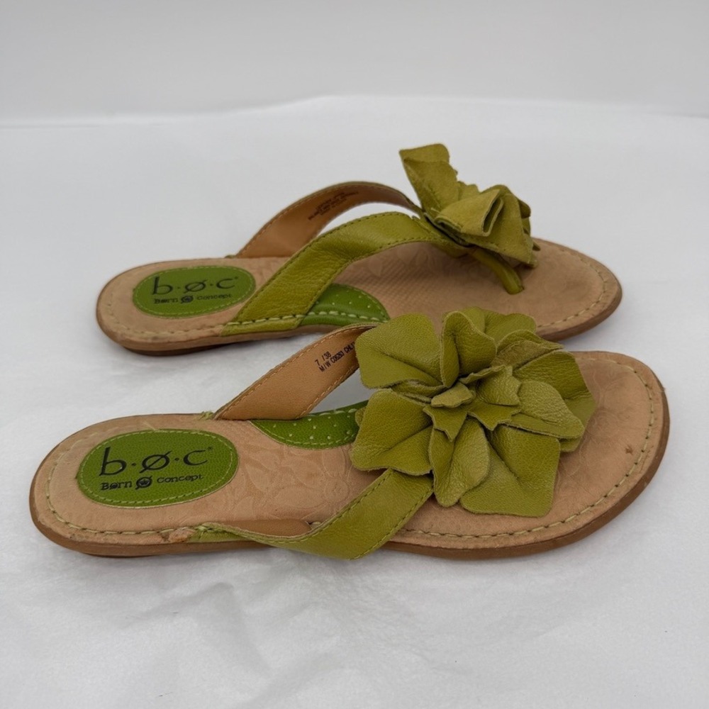 BOC Born Concept Leather Flower Sandals Green Flat Thong Comfort Bohemian 7 - Picture 4 of 11
